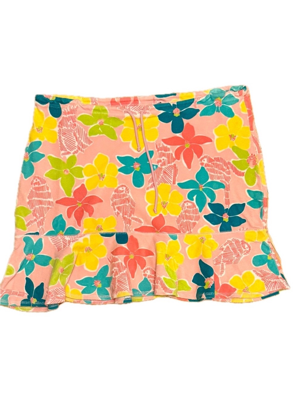 Terrycloth Mini Skirt with Ruffle Hem Floral Parrot Motif Size Large